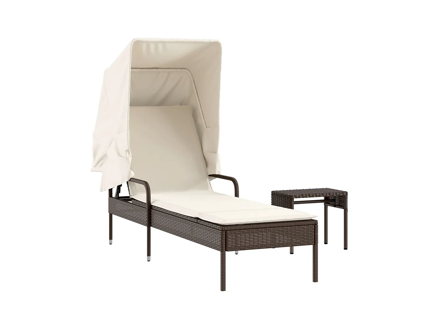 Ligstoel met zonnescherm en tafel in bruin gevlochten hars