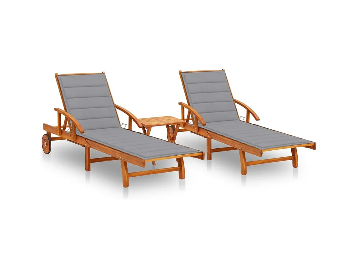 Conjunto de 2 tumbonas con mesa y cojines Madera maciza de acacia