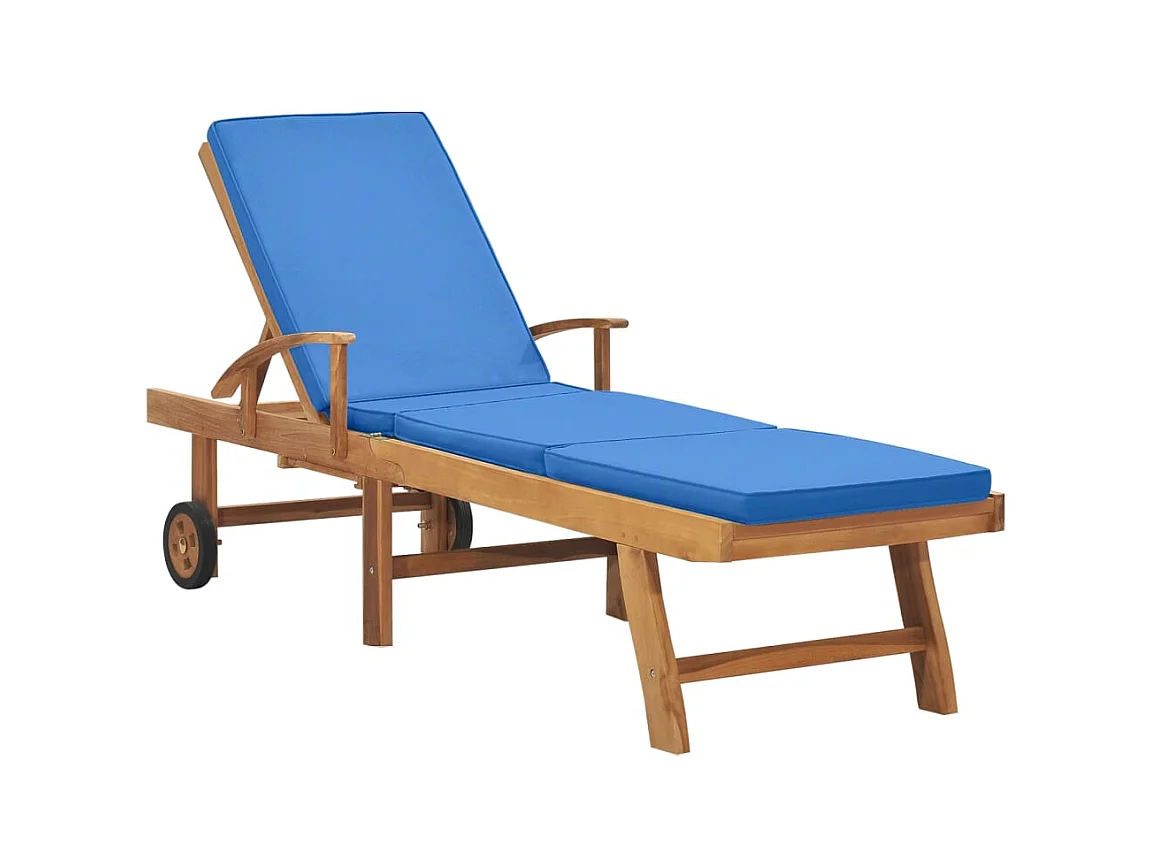 Chaise longue avec coussin Bois de teck solide Bleu
