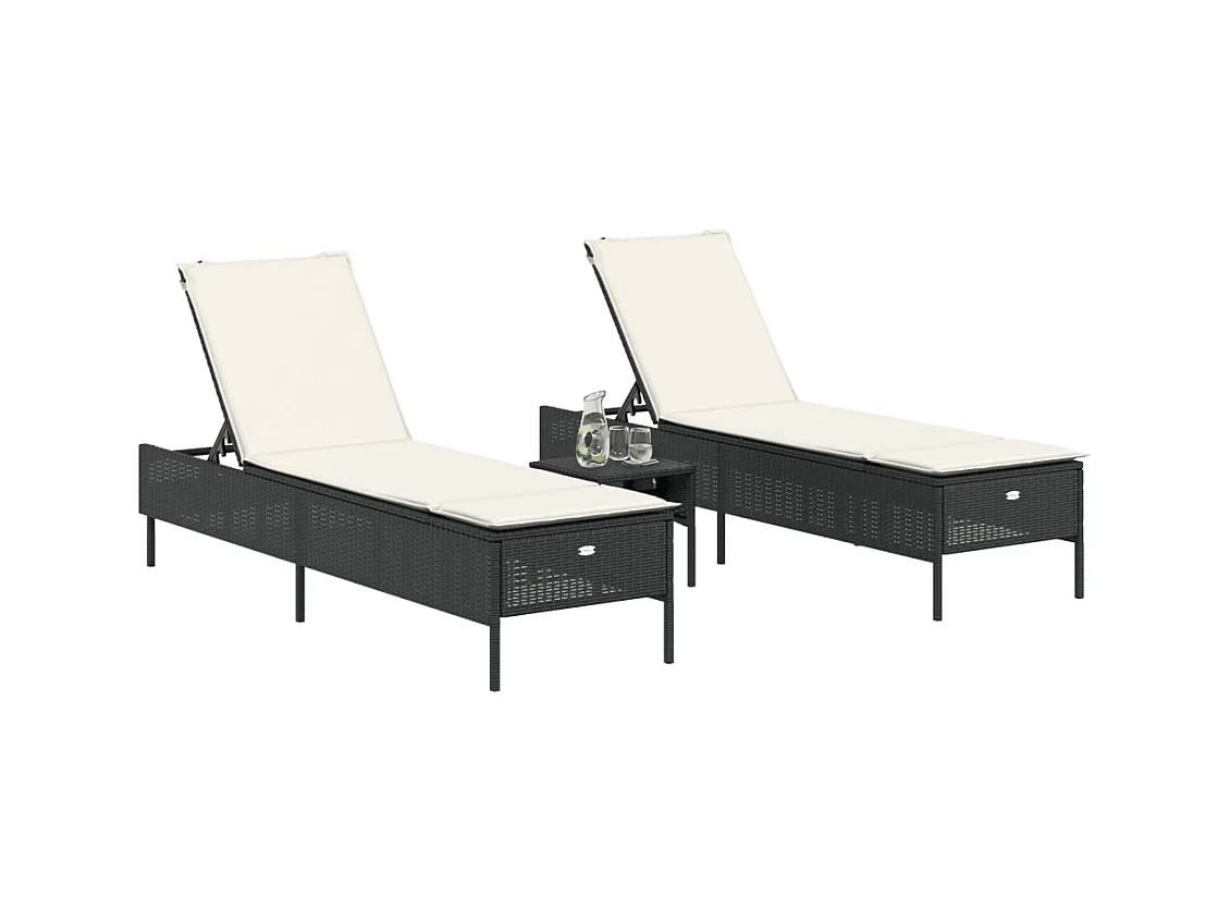 3-delige zwarte polyrotan ligstoelset met kussens