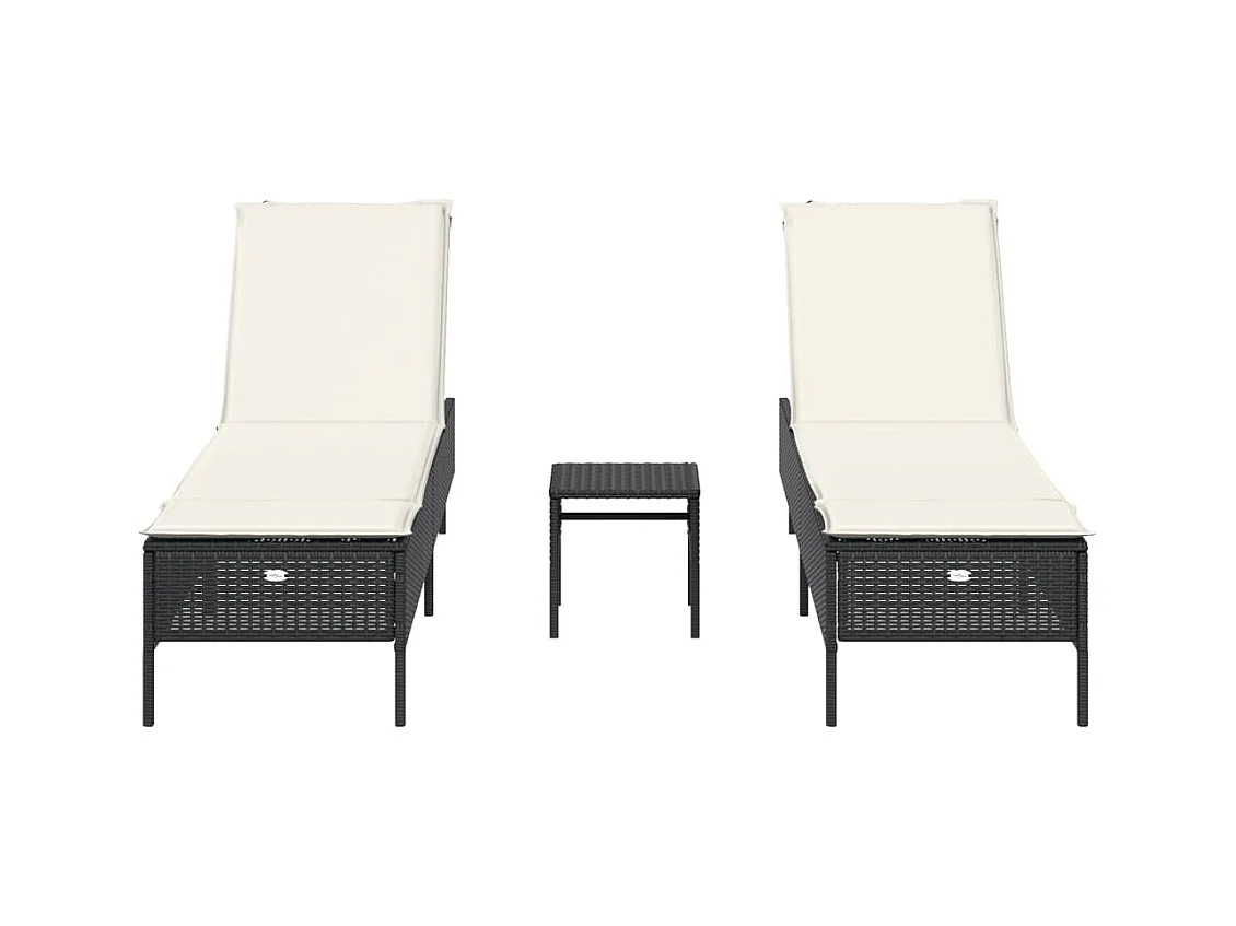 3-delige zwarte polyrotan ligstoelset met kussens
