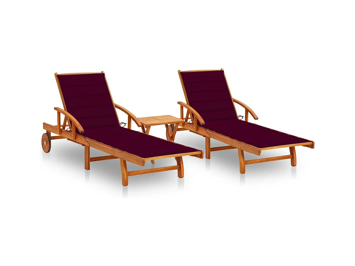 Chaises longues lot de 2 avec table et coussins Acacia solide