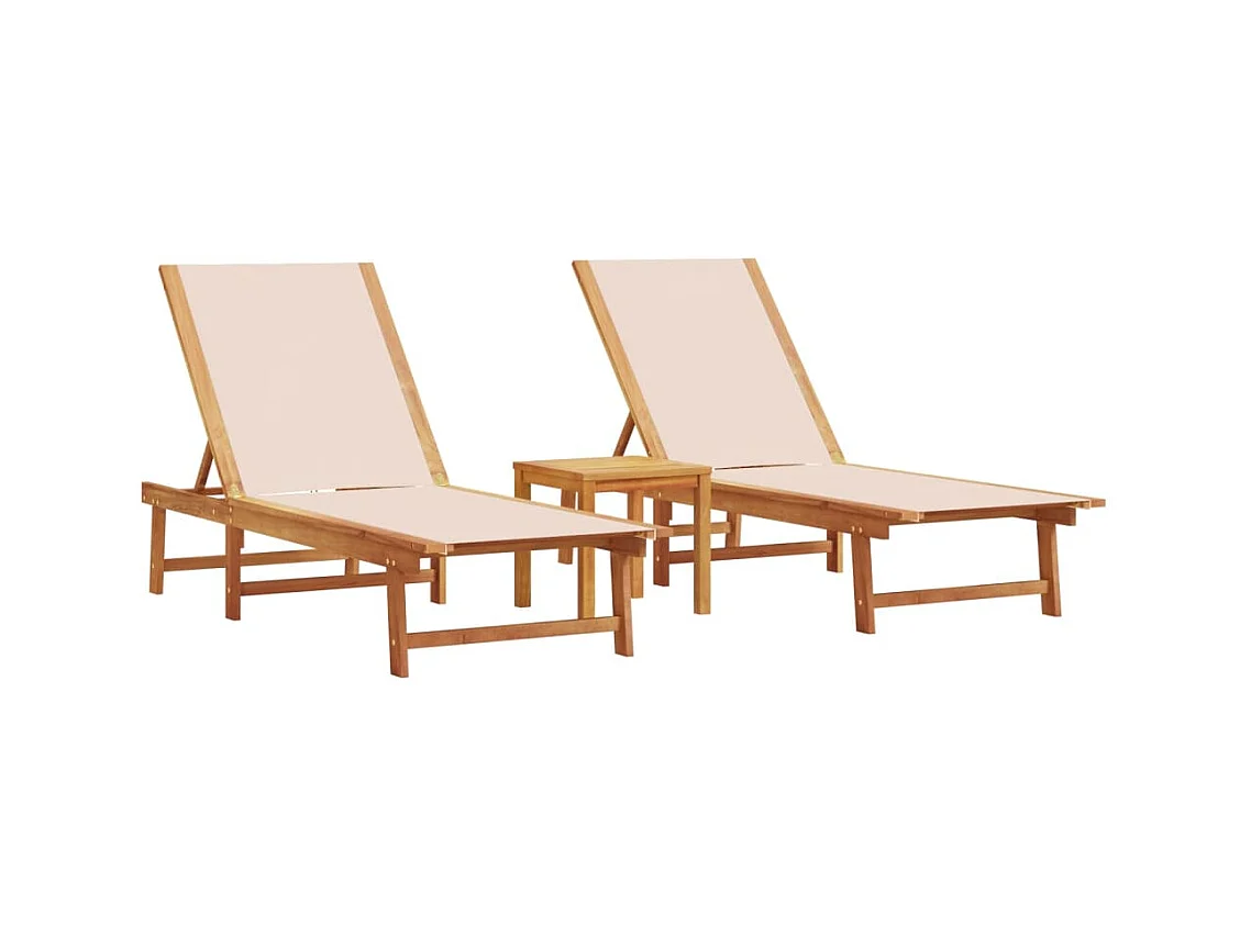 Set van 2 loungestoelen met crèmekleurig acaciahout en textileen tafel