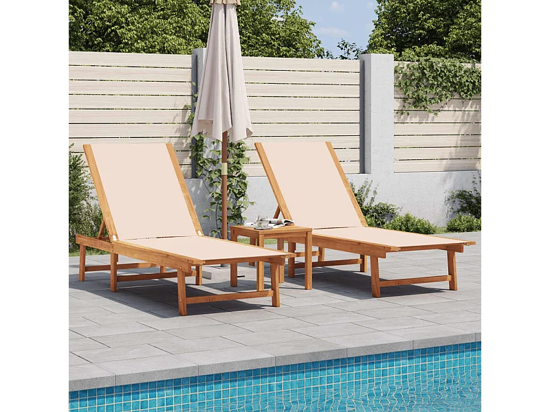 Chaises longues lot de 2 table crème bois d'acacia et textilène