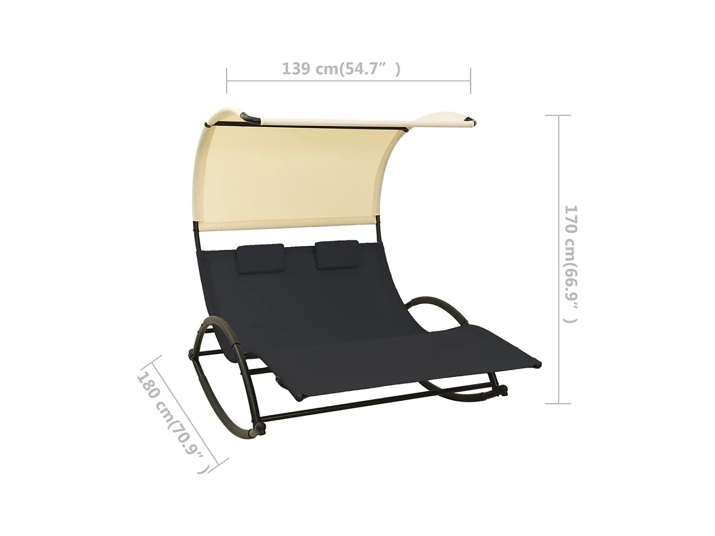Dubbele chaise longue met zwarte en crèmekleurige textileen kap