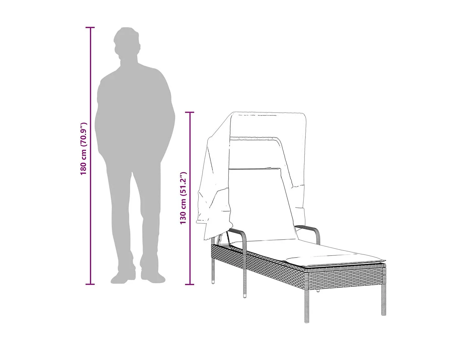 Chaise longue met lichtgrijze luifel in geweven hars