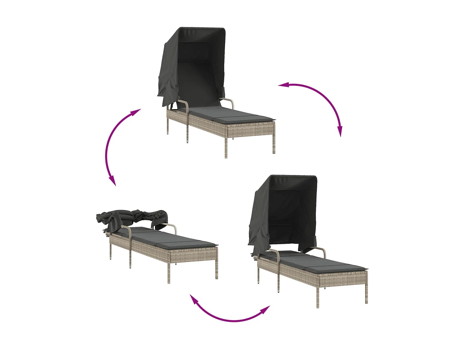 Chaise longue con tendalino grigio chiaro in resina intrecciata