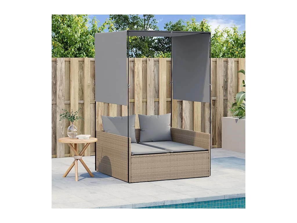 Dubbele chaise longue met dak en beige geweven harsgordijnen