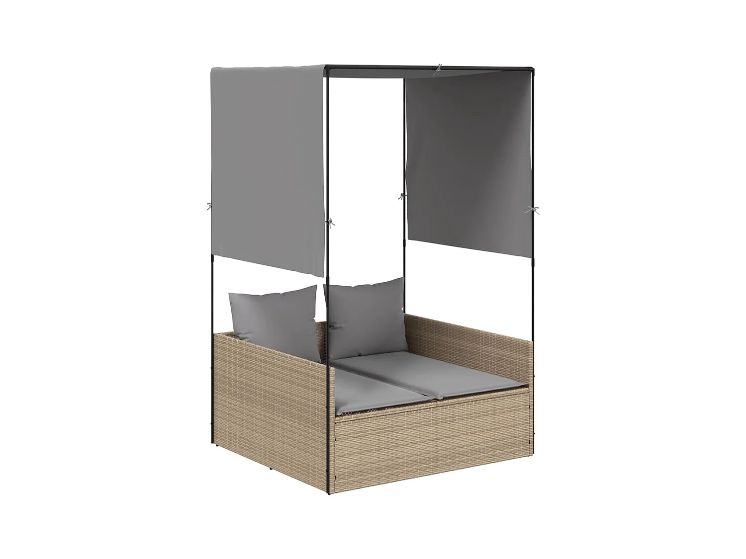 Dubbele chaise longue met dak en beige geweven harsgordijnen