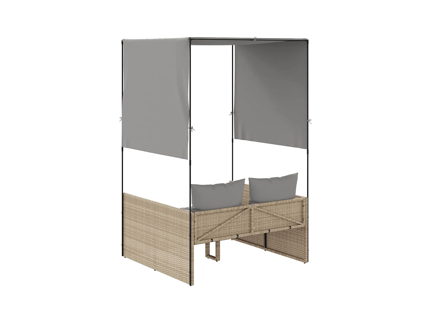 Dubbele chaise longue met dak en beige geweven harsgordijnen