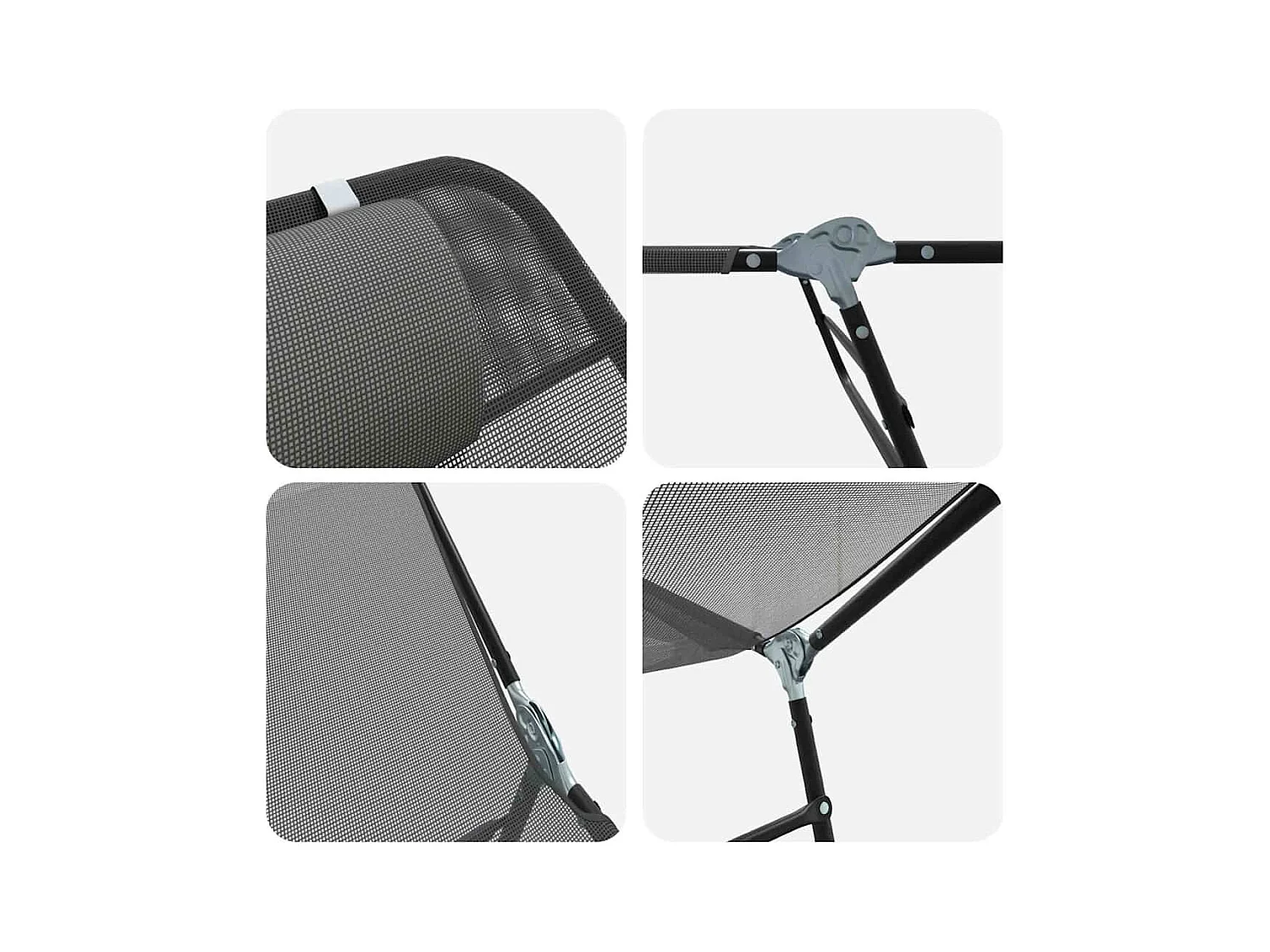 Chaise longue pliante avec repose-tête en textilène gris.