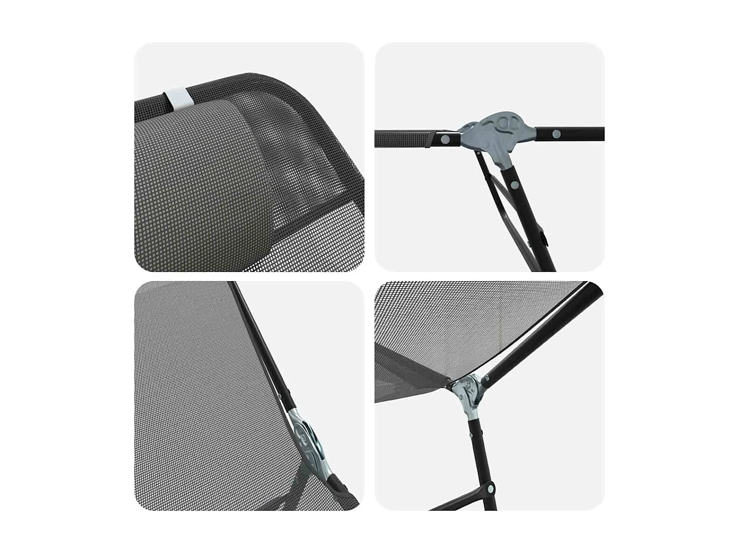 Chaise longue pliante avec repose-tête en textilène gris.