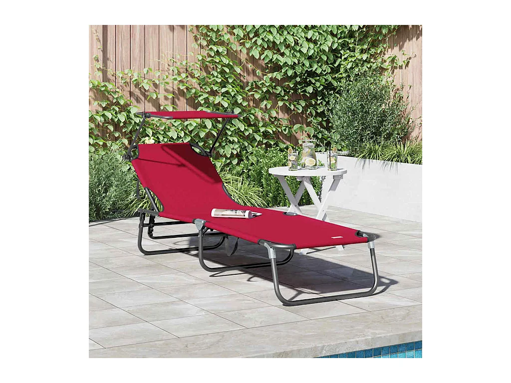 Chaise longue pliable avec un auvent rouge en tissu Oxford 600D