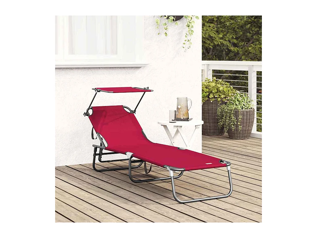 Chaise longue pliable avec un auvent rouge en tissu Oxford 600D