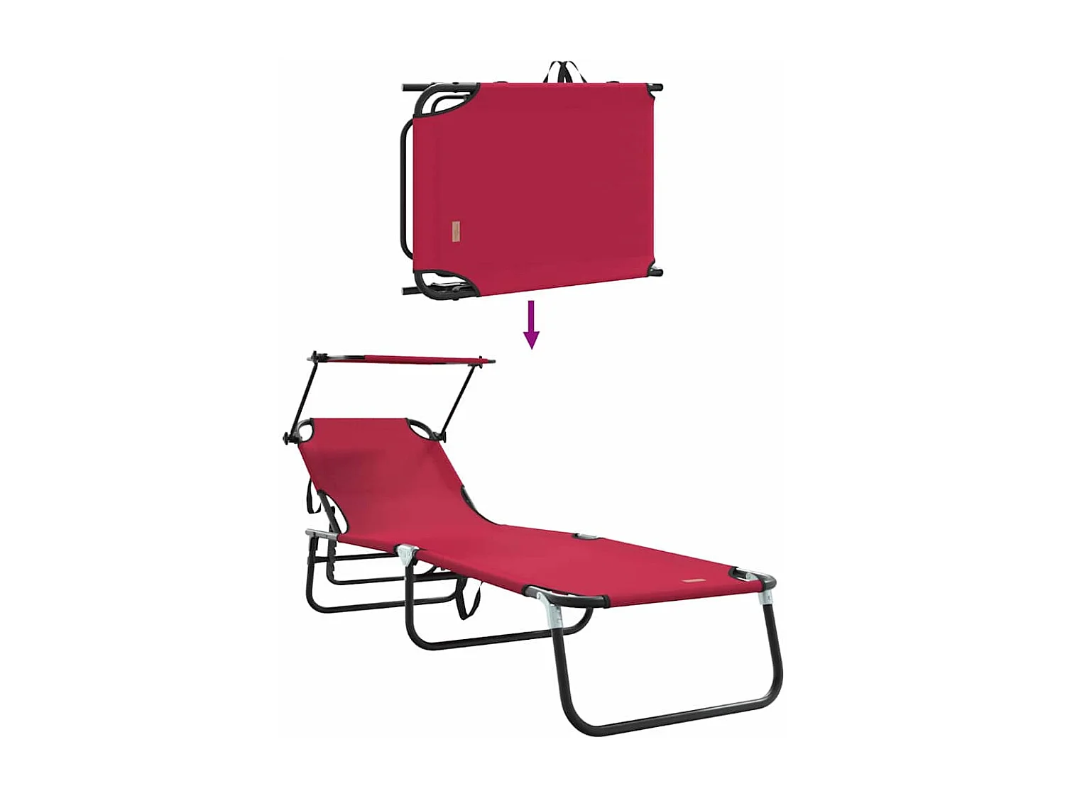 Chaise longue pliable avec un auvent rouge en tissu Oxford 600D