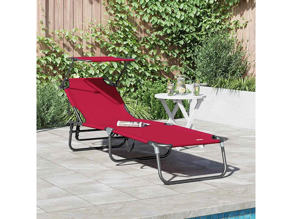 Chaise longue pliable avec un auvent rouge en tissu Oxford 600D