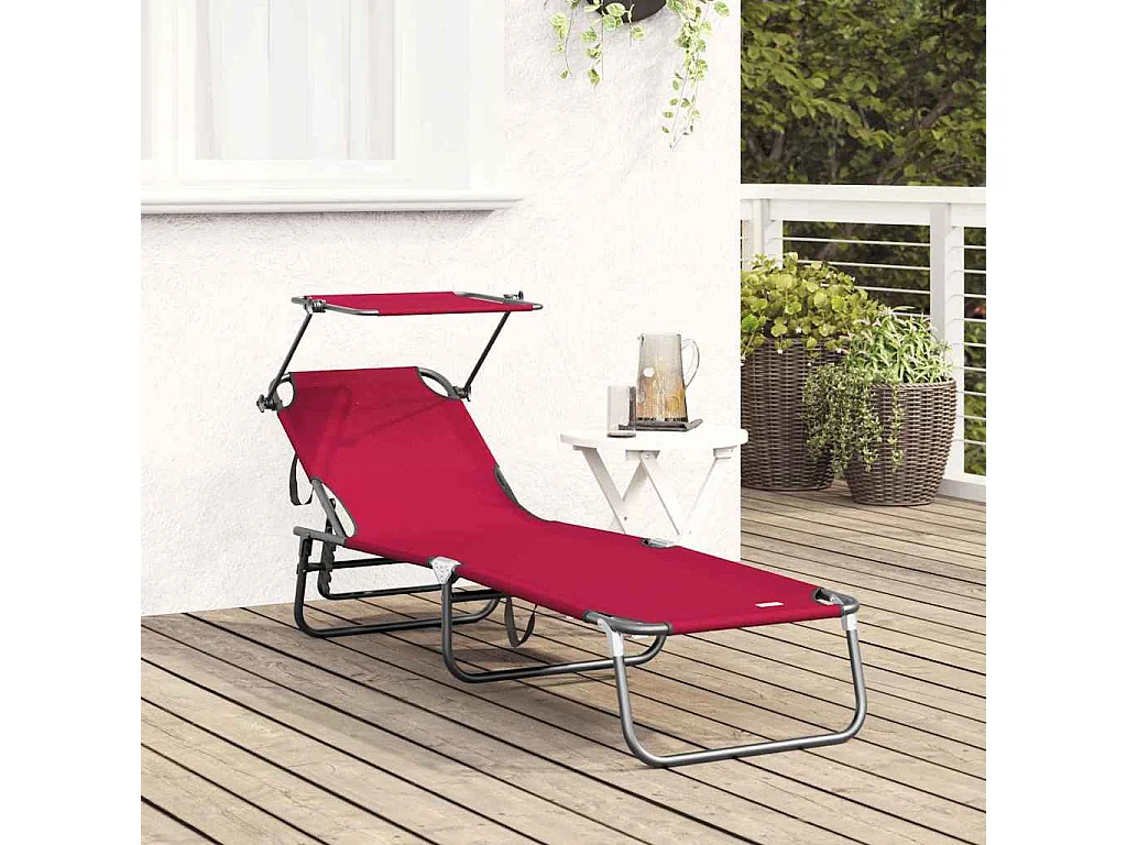 Chaise longue pliable avec un auvent rouge en tissu Oxford 600D