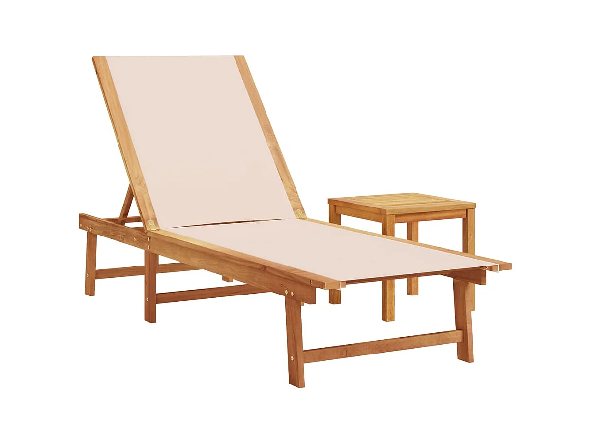 Crèmekleurige chaise longue en tafel in massief acaciahout en textileen