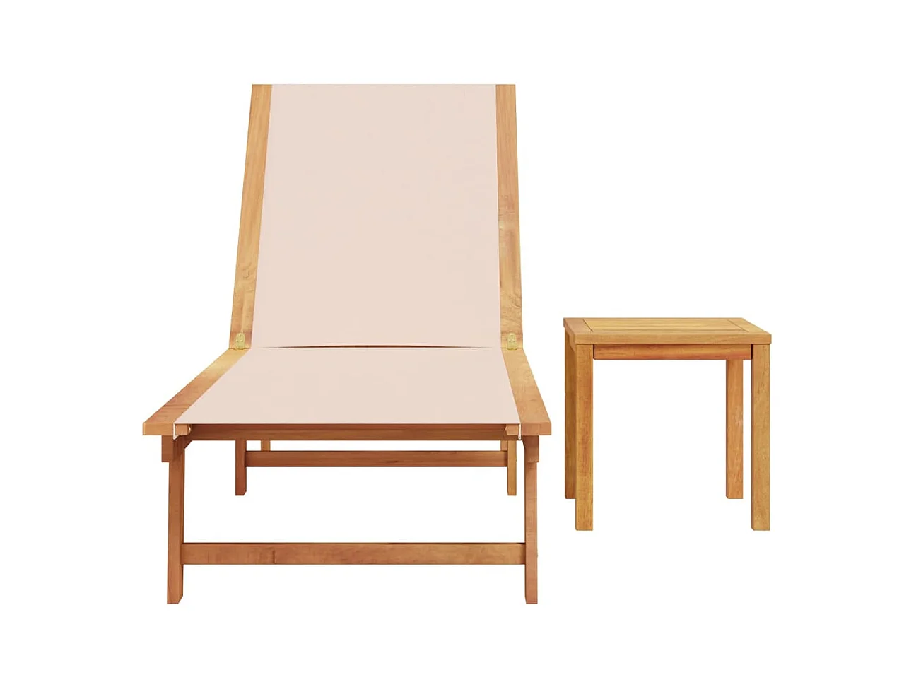 Crèmekleurige chaise longue en tafel in massief acaciahout en textileen