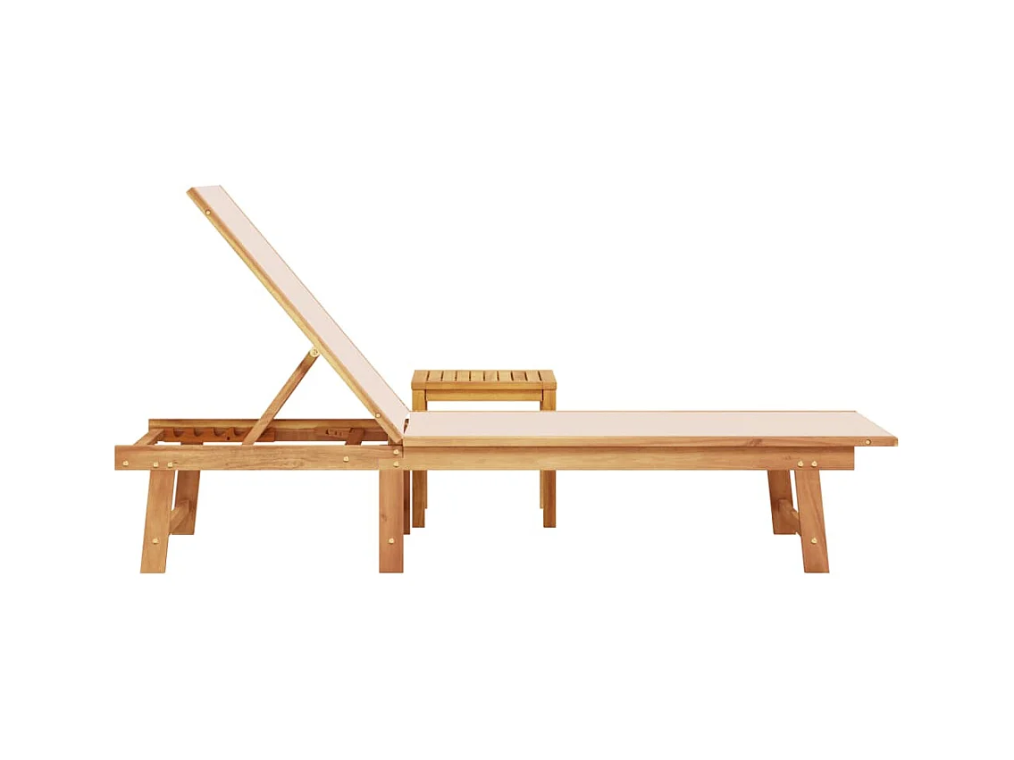 Crèmekleurige chaise longue en tafel in massief acaciahout en textileen