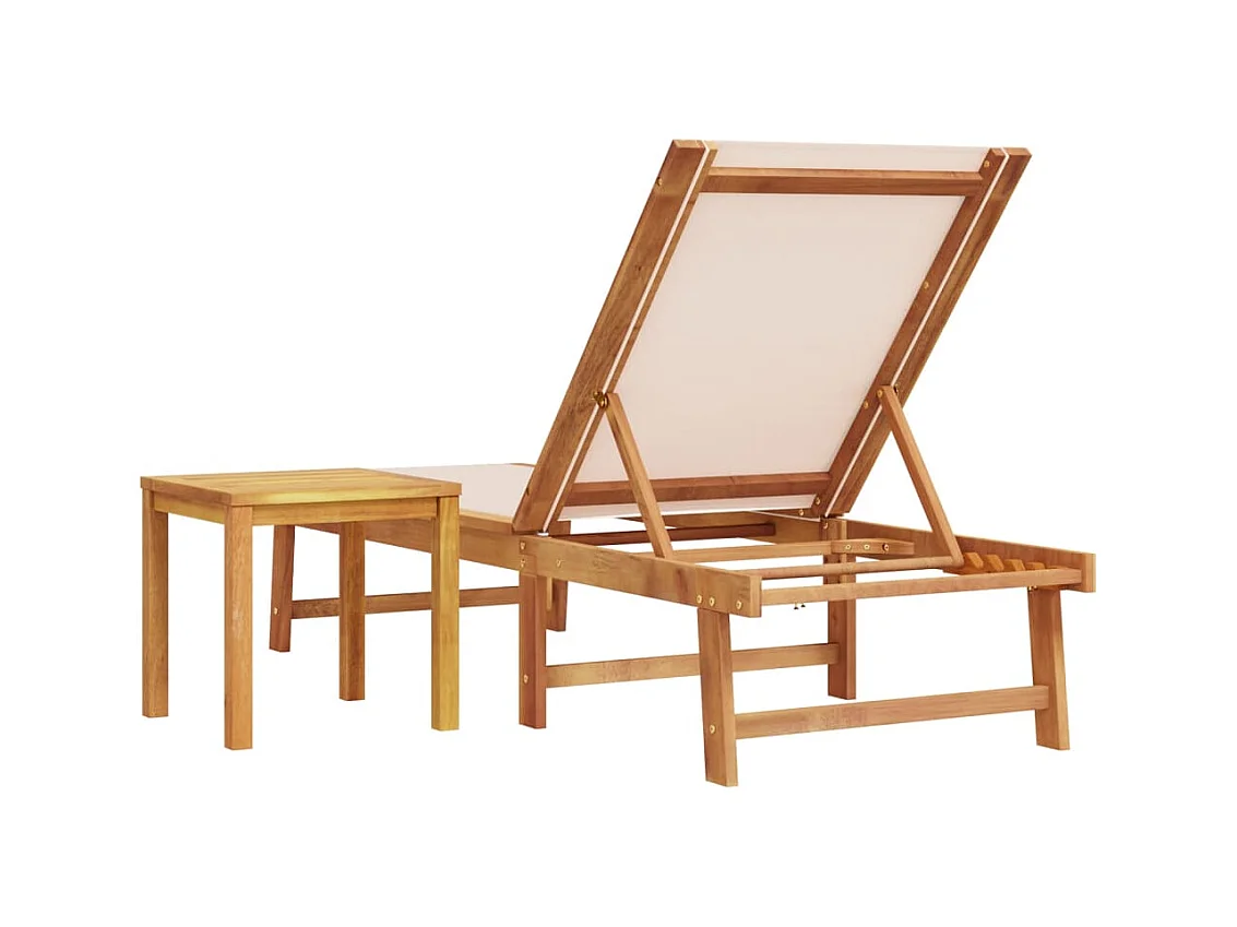 Crèmekleurige chaise longue en tafel in massief acaciahout en textileen