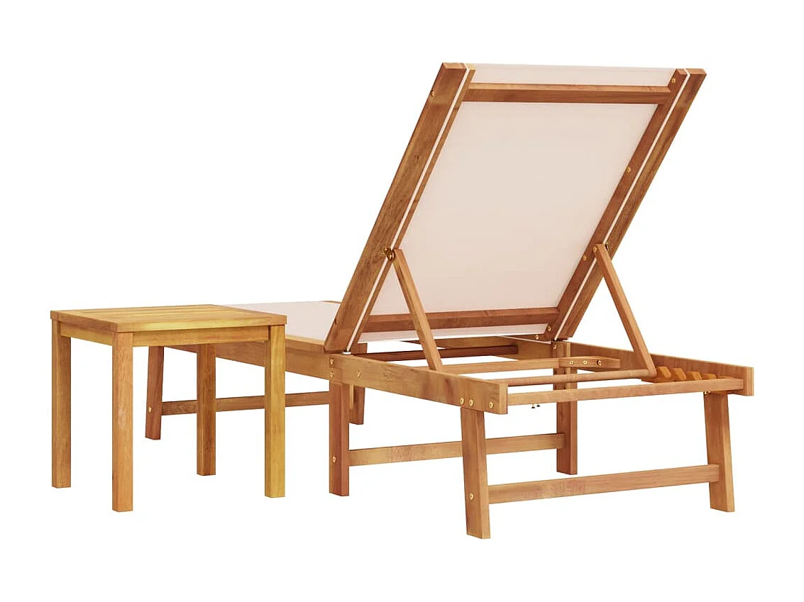 Chaise longue e tavolo color crema in legno massello di acacia e textilene