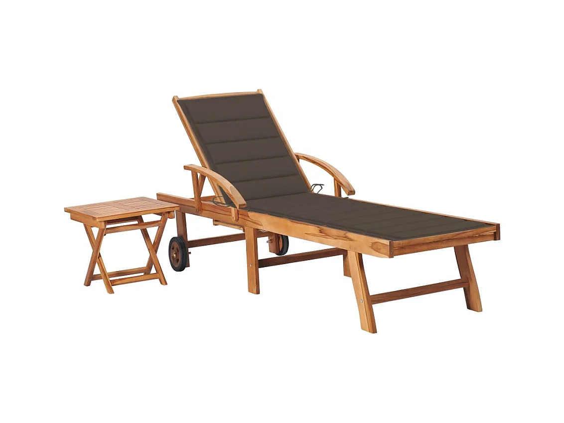 Chaise longue avec table et coussin Bois de teck solide