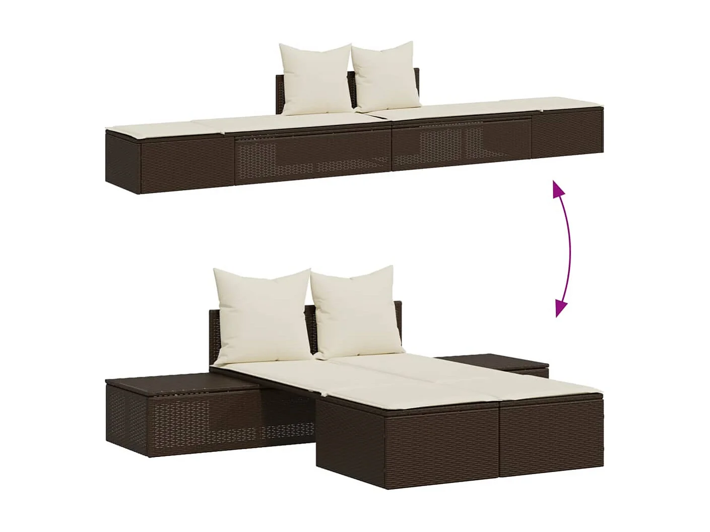 Chaise longue doppia con cuscini in vimini di resina marrone