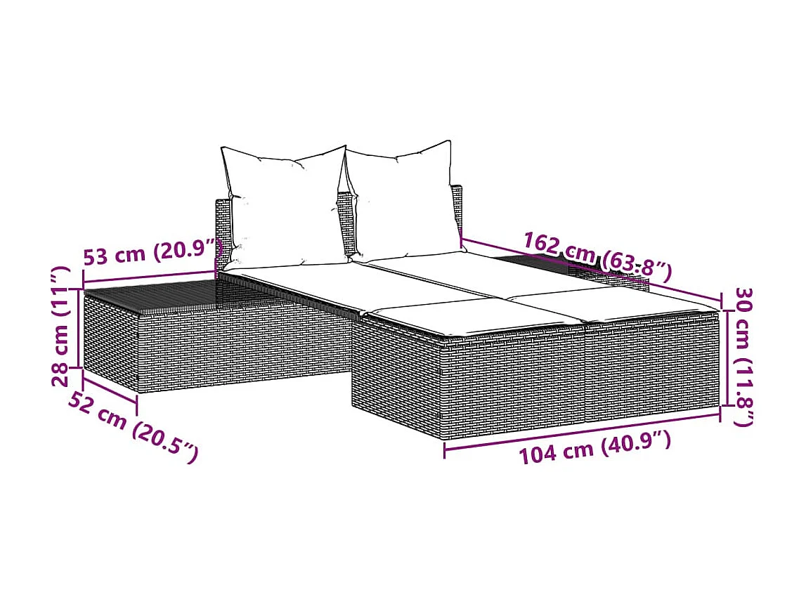 Chaise longue doppia con cuscini in vimini di resina marrone