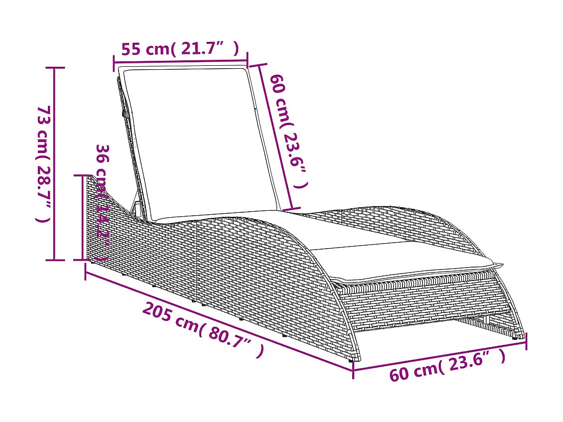Chaise longue con cuscino marrone 60x205x73 cm resina intrecciata