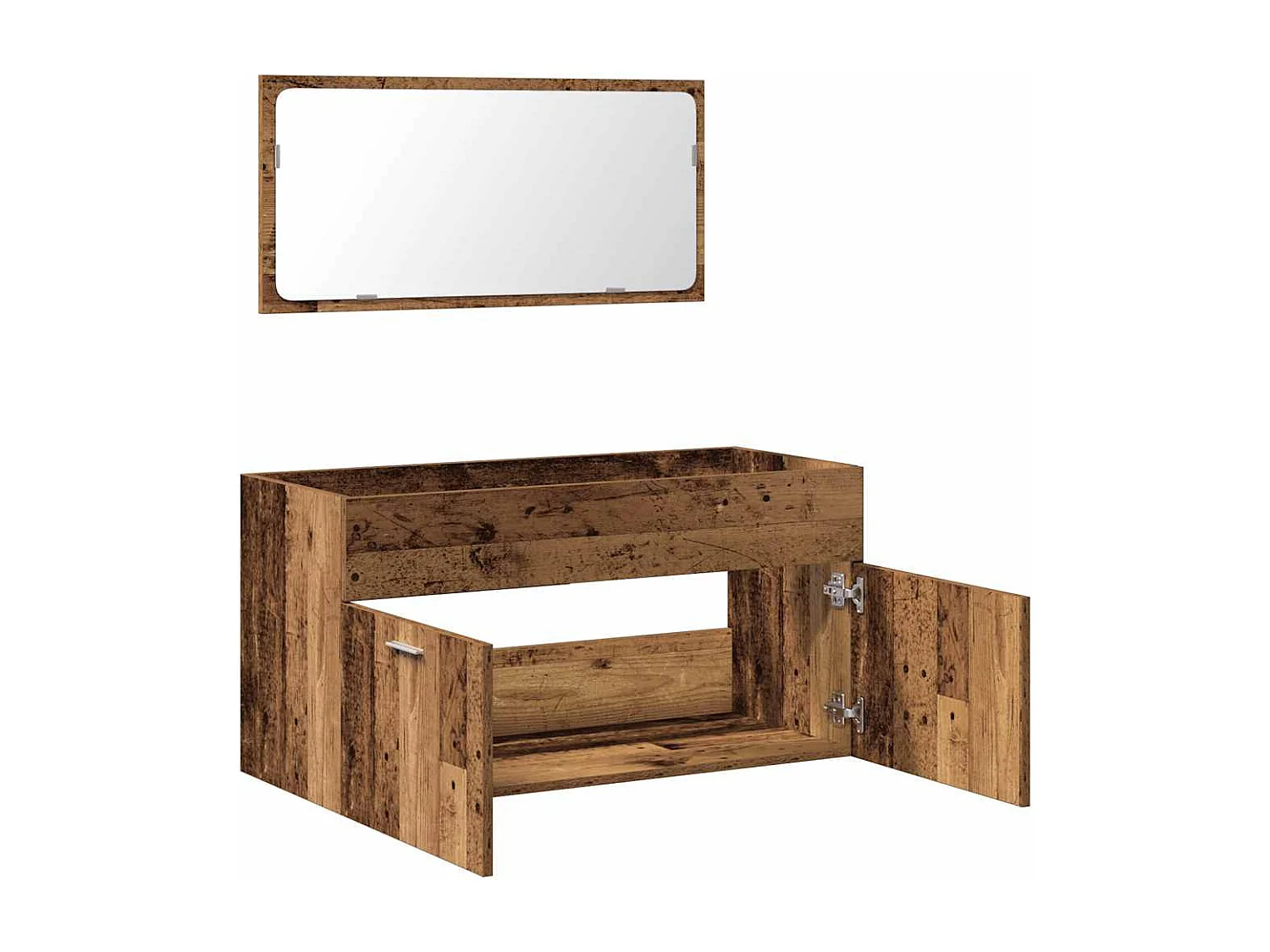 Mobiletto e specchio da bagno in legno vecchio, legno ingegnerizzato