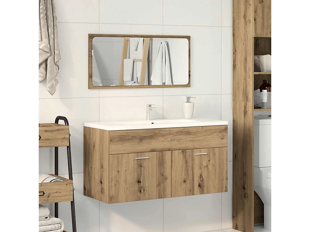 Mobile da bagno con specchio, in rovere lavorato a mano