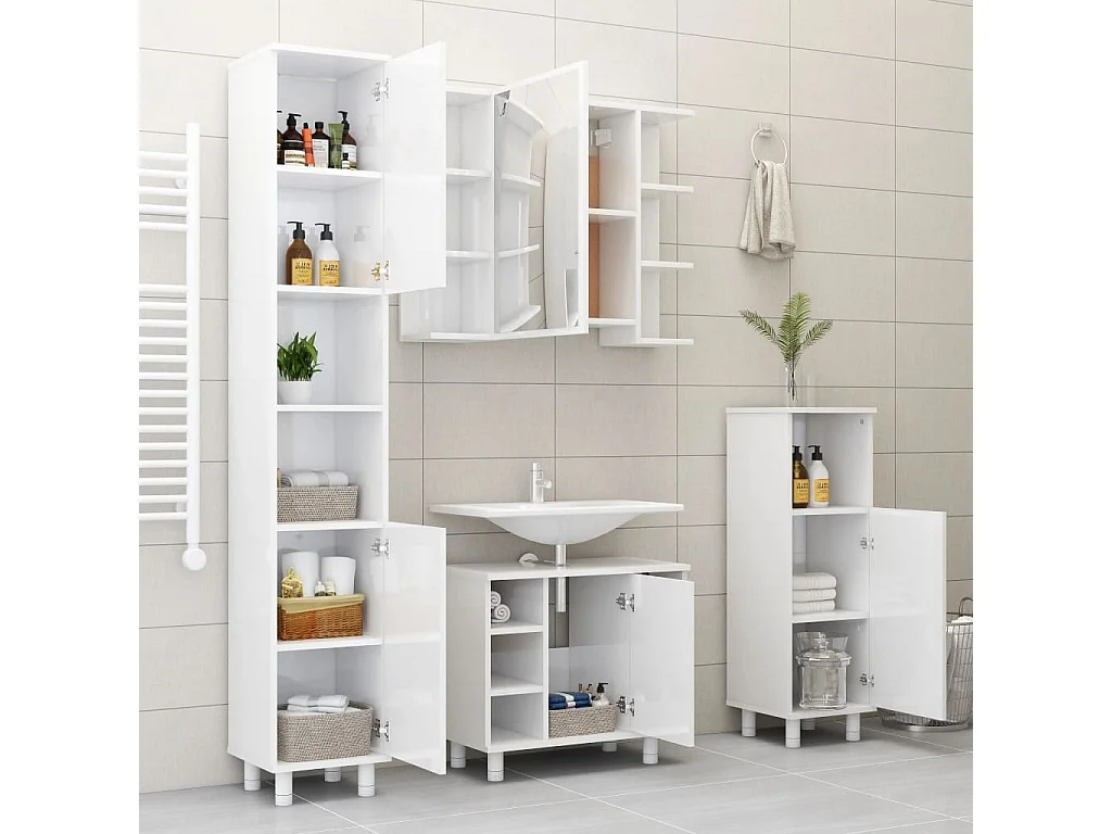 Mobiletto da bagno in legno ingegnerizzato bianco lucido