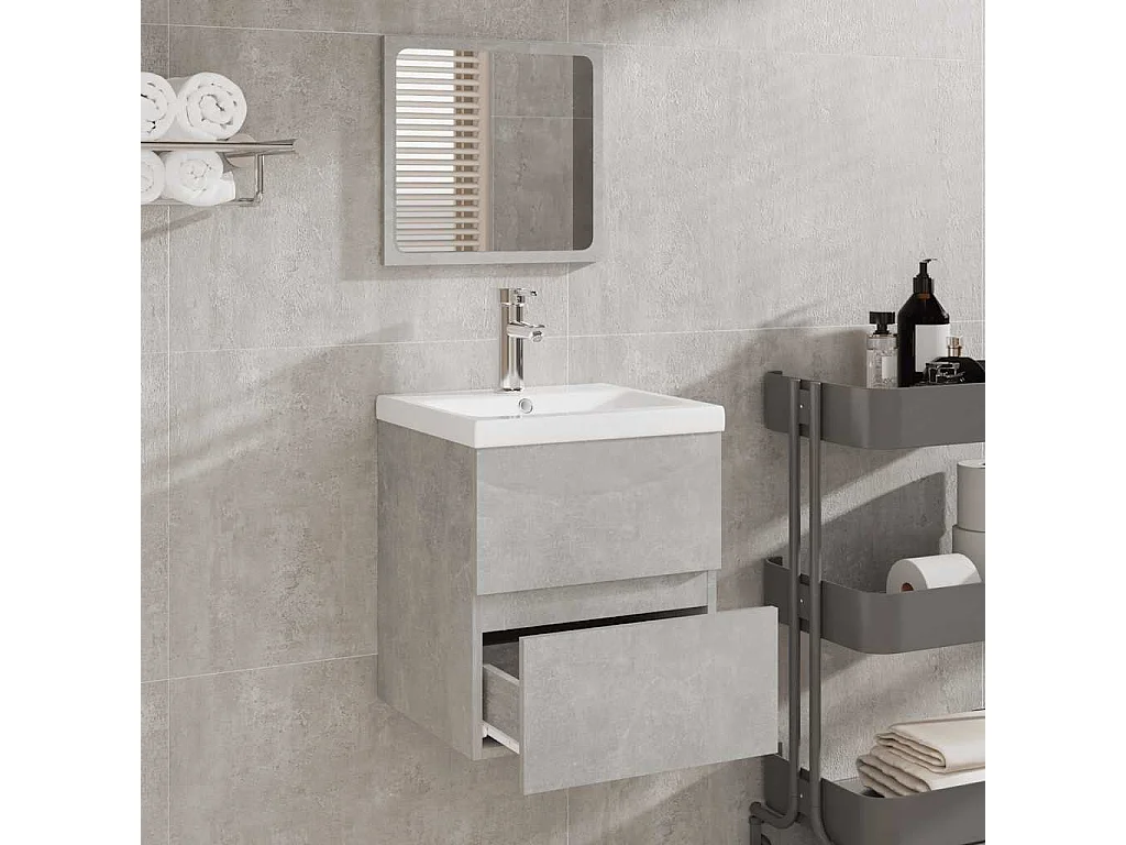 Badkamermeubel met spiegel in betongrijs bewerkt hout