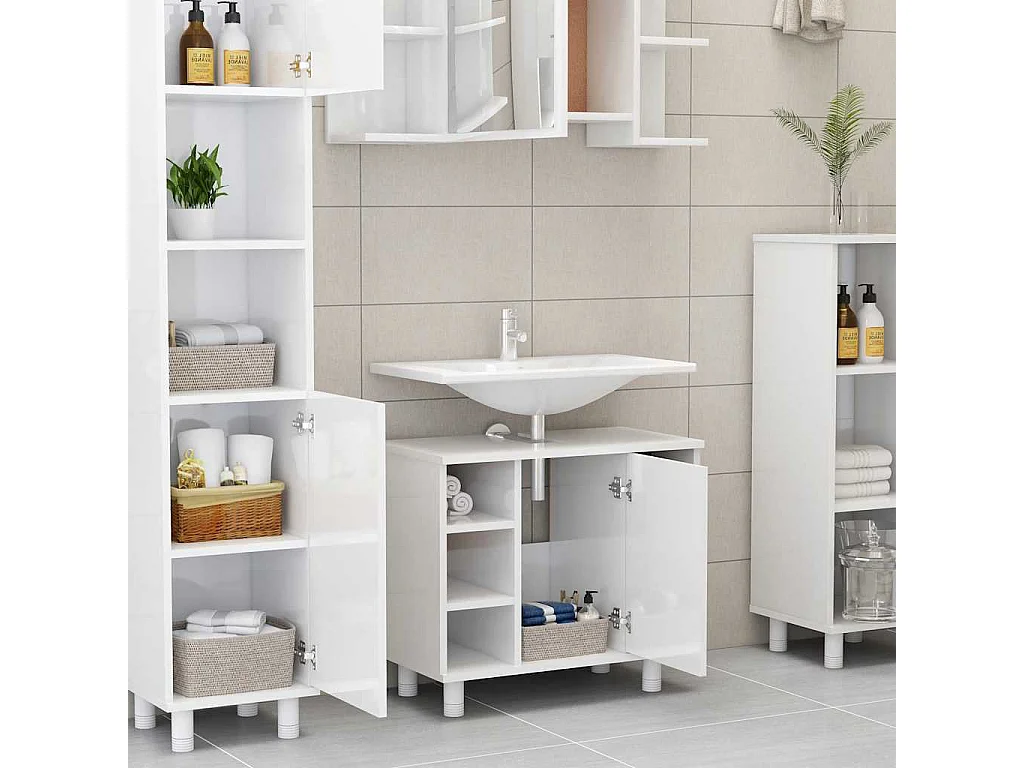 Mobiletto da bagno in legno ingegnerizzato bianco lucido