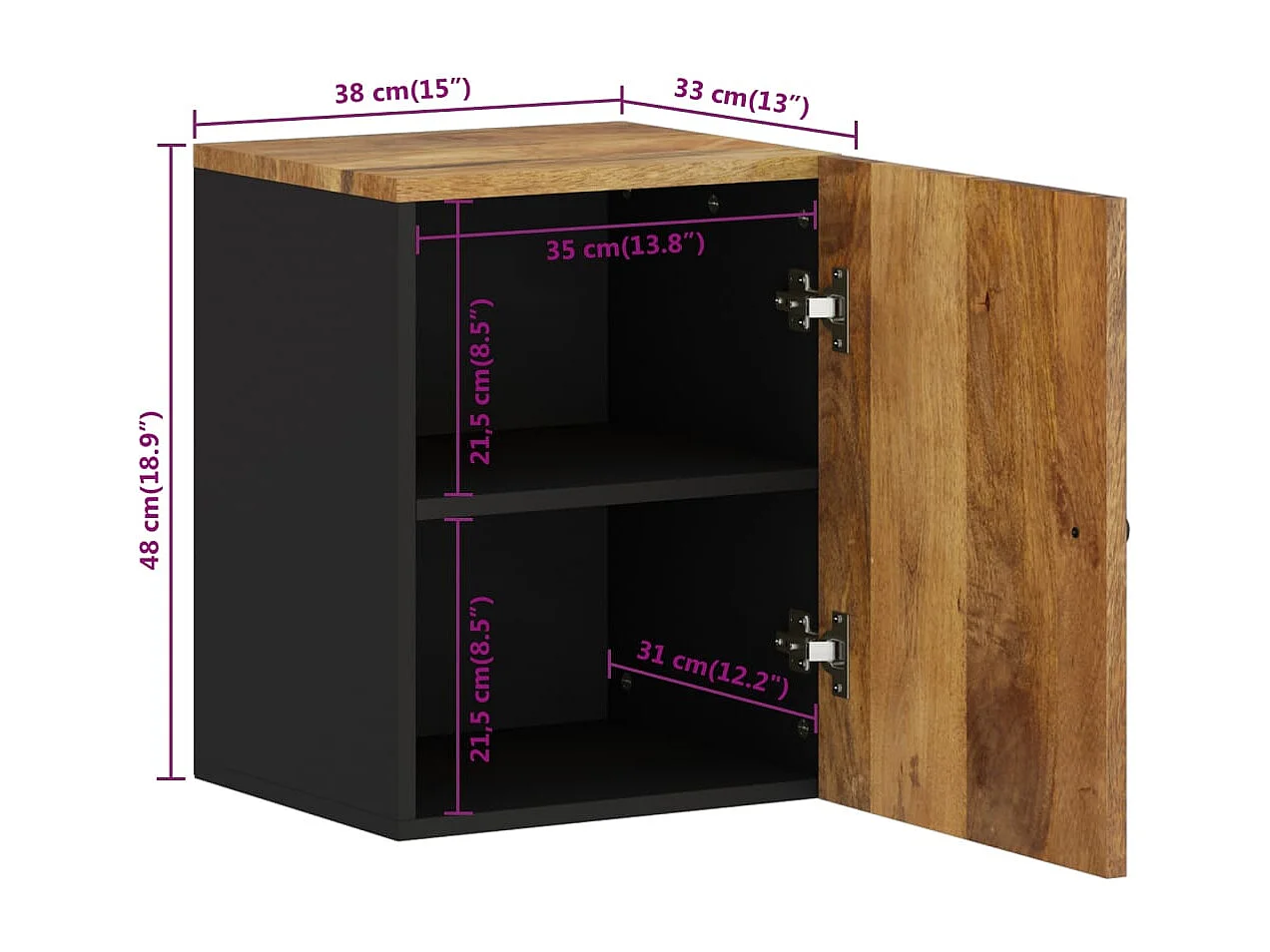 Mobiletto da bagno sospeso 38x33x48cm in legno massello di mango