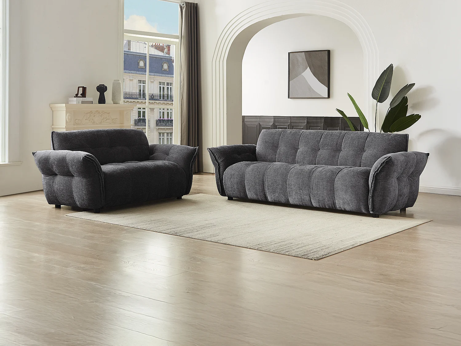 Canapé 3 places et 2 places en tissu chiné gris anthracite NAPIZO