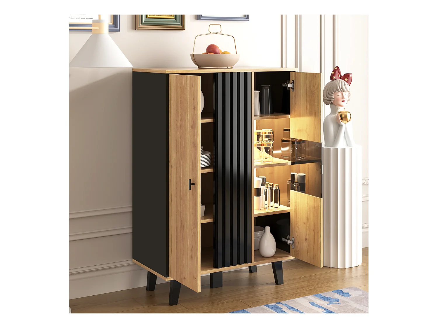 Zwart en houten dressoir 80x40x120cm met 2 deuren en LED-verlichting