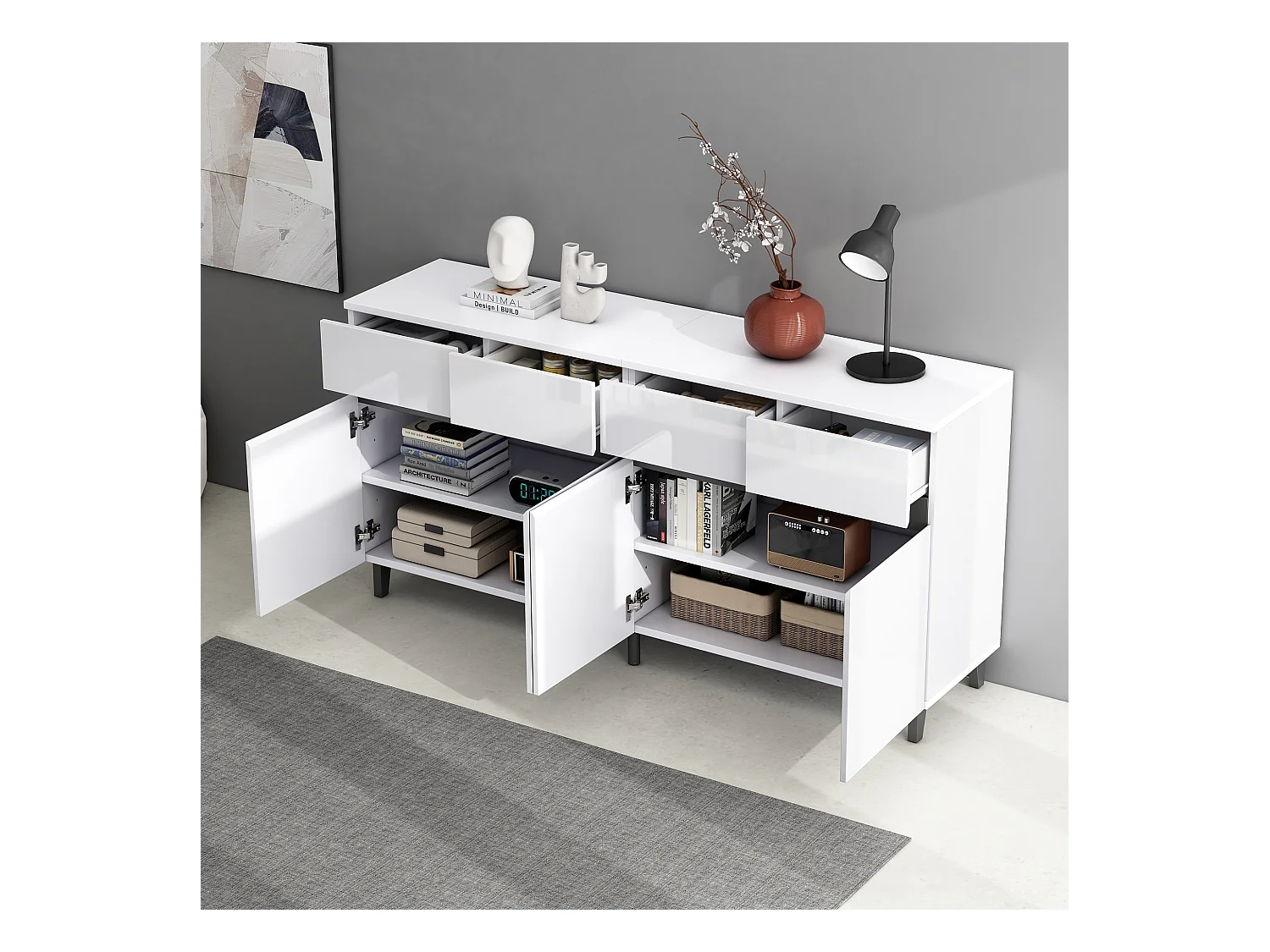 Buffet blanc avec 4 tiroirs et 4 portes, étagères réglables 160x40x68 cm