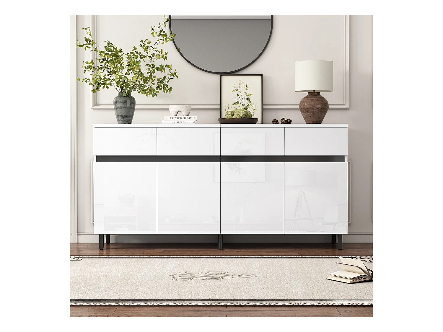 Buffet blanc avec 4 tiroirs et 4 portes, étagères réglables 160x40x68 cm