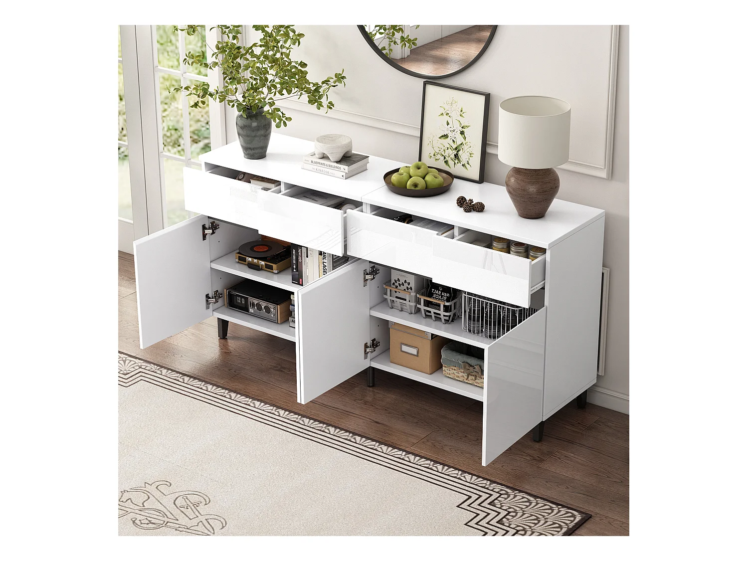 Buffet blanc avec 4 tiroirs et 4 portes, étagères réglables 160x40x68 cm