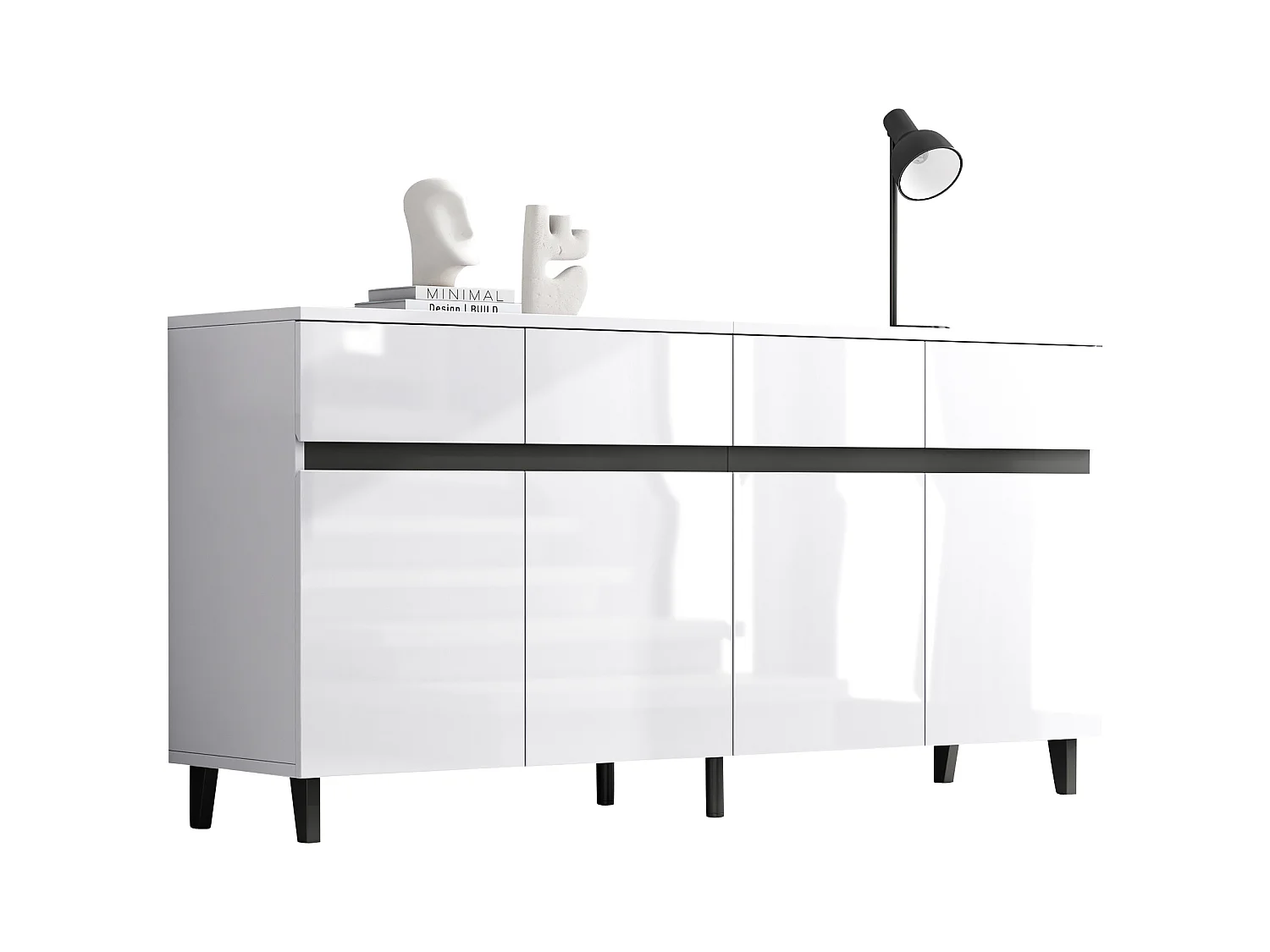 Buffet blanc avec 4 tiroirs et 4 portes, étagères réglables 160x40x68 cm