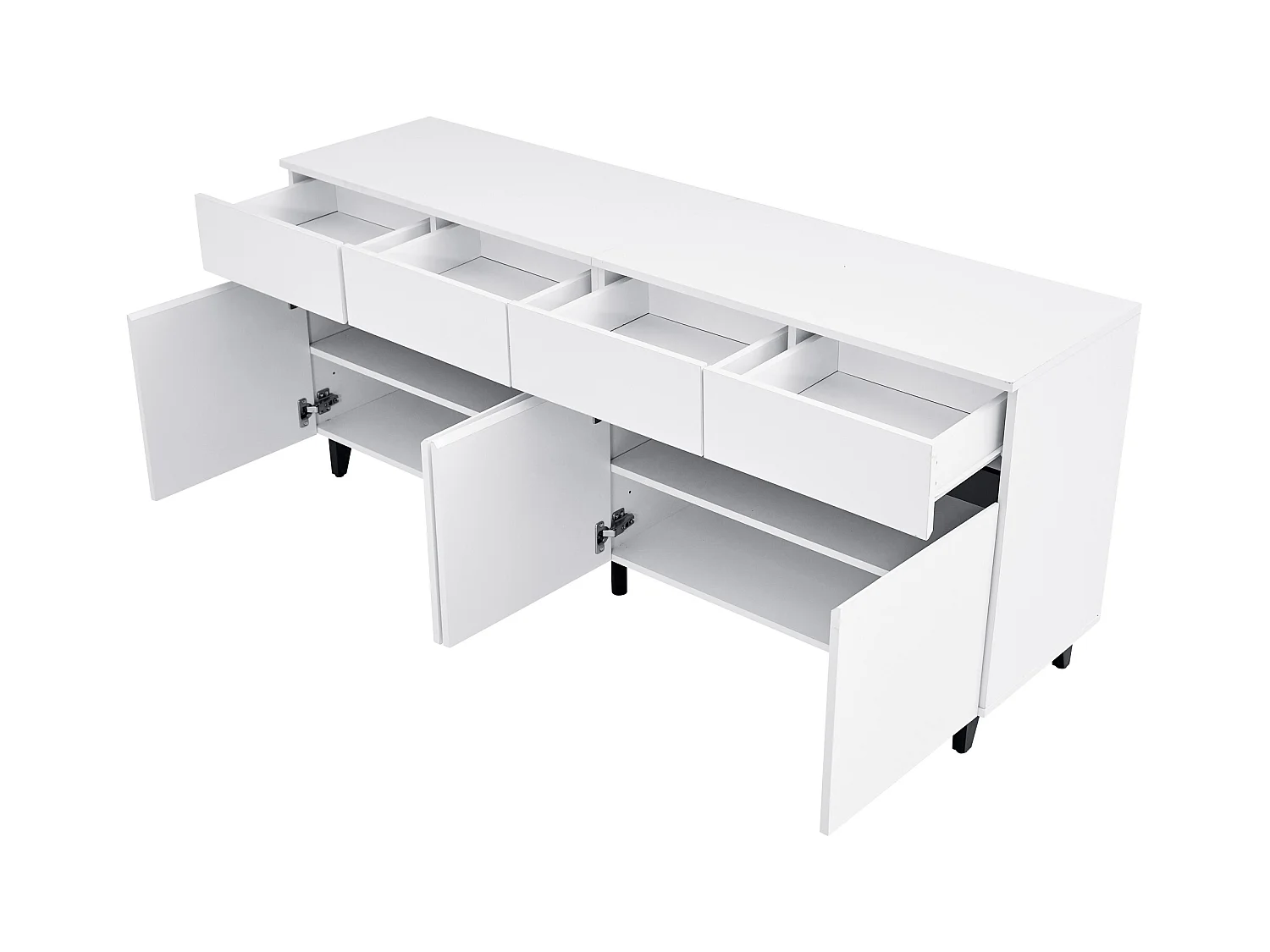 Buffet blanc avec 4 tiroirs et 4 portes, étagères réglables 160x40x68 cm