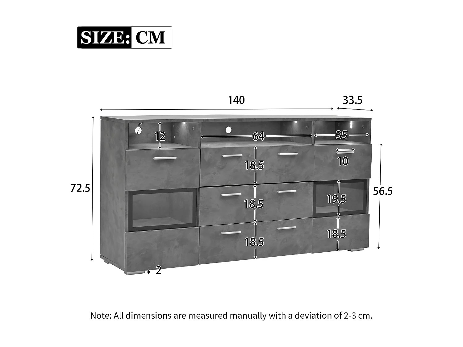 Buffet gris avec 2 portes, 3 tiroirs, 3 espaces de rangement et lumières LED, 140x33,5x72,5cm