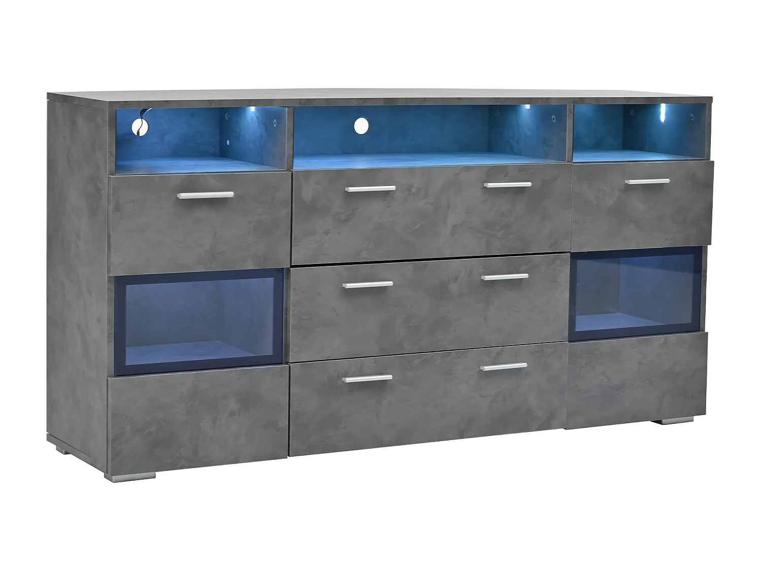 Buffet gris avec 2 portes, 3 tiroirs, 3 espaces de rangement et lumières LED, 140x33,5x72,5cm