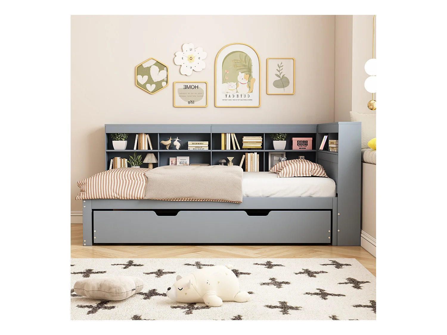 Grijs slaapbank 90x200cm met uitschuifbed 90x190cm, met USB-aansluiting en meerdere opbergruimtes, zonder matras