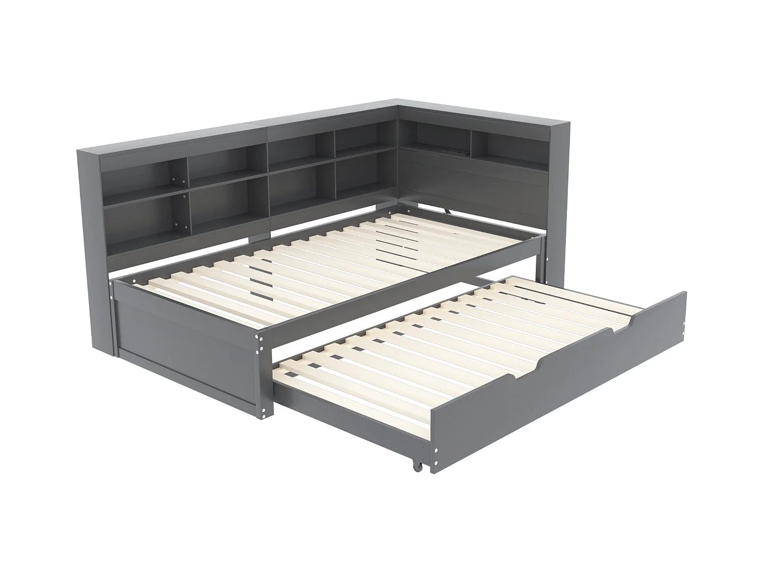 Grijs slaapbank 90x200cm met uitschuifbed 90x190cm, met USB-aansluiting en meerdere opbergruimtes, zonder matras