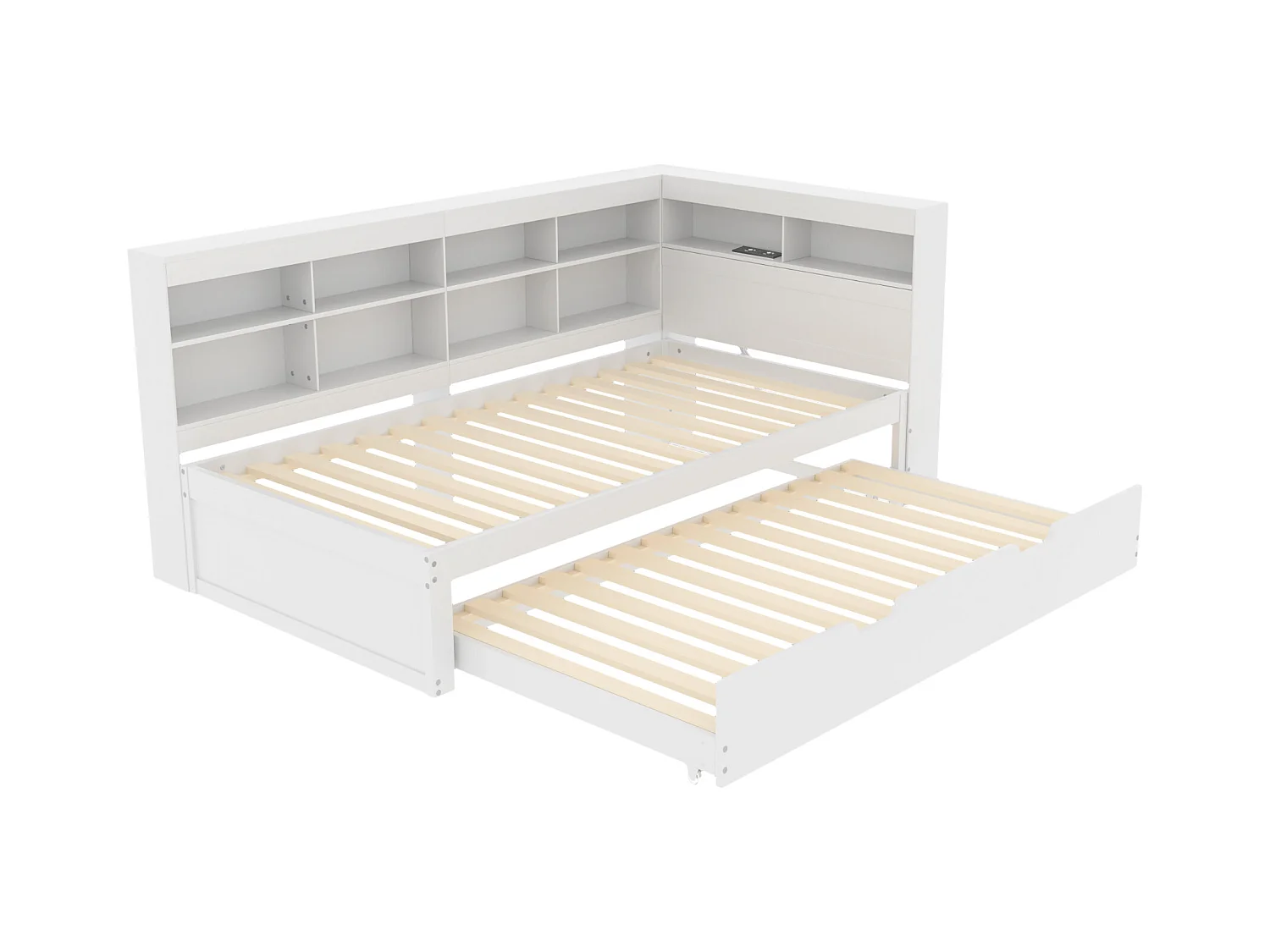 Witte slaapbank 90x200cm met uitschuifbed 90x190cm, met USB-aansluiting en meerdere opbergruimtes, zonder matras