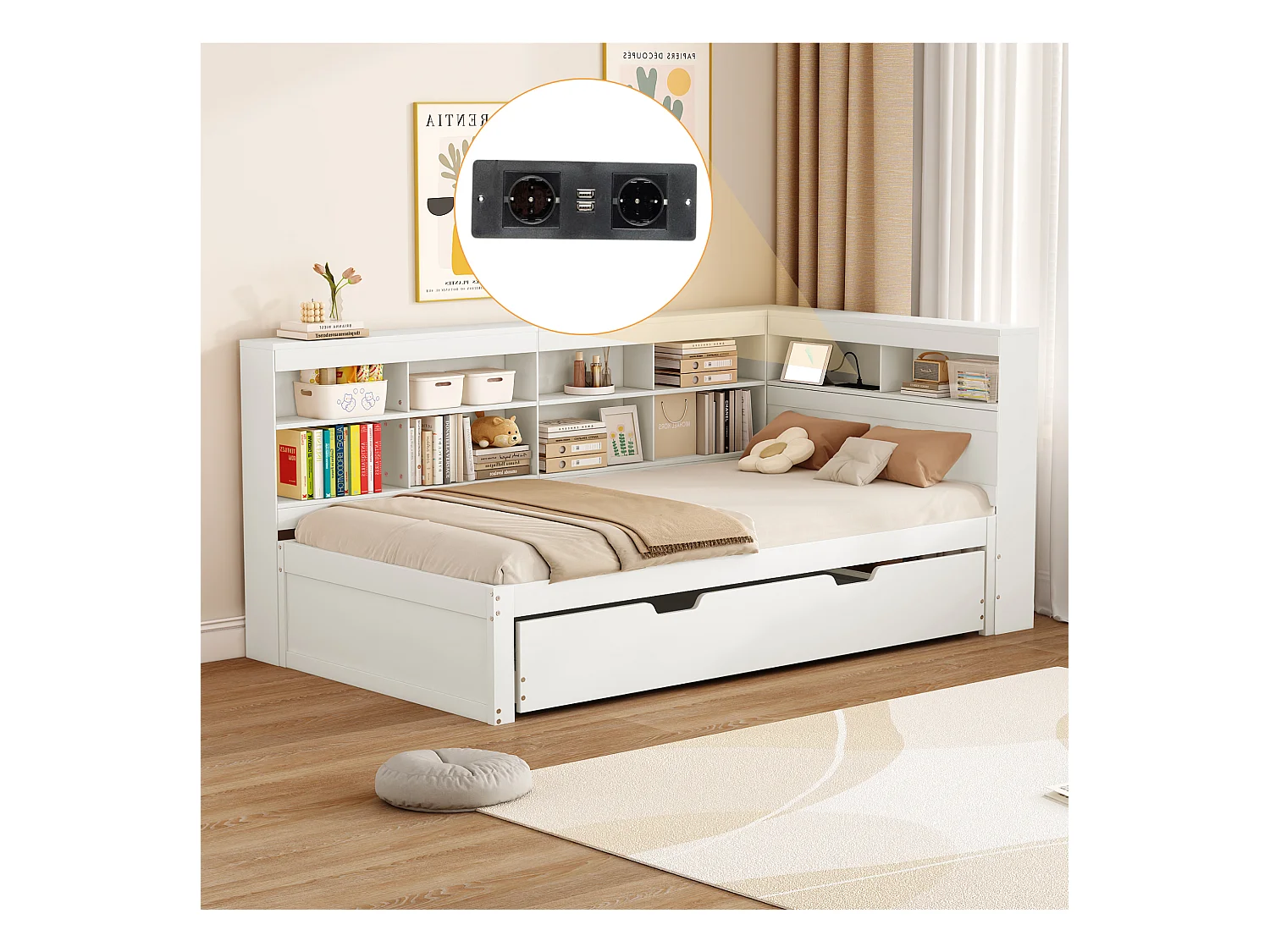 Witte slaapbank 90x200cm met uitschuifbed 90x190cm, met USB-aansluiting en meerdere opbergruimtes, zonder matras