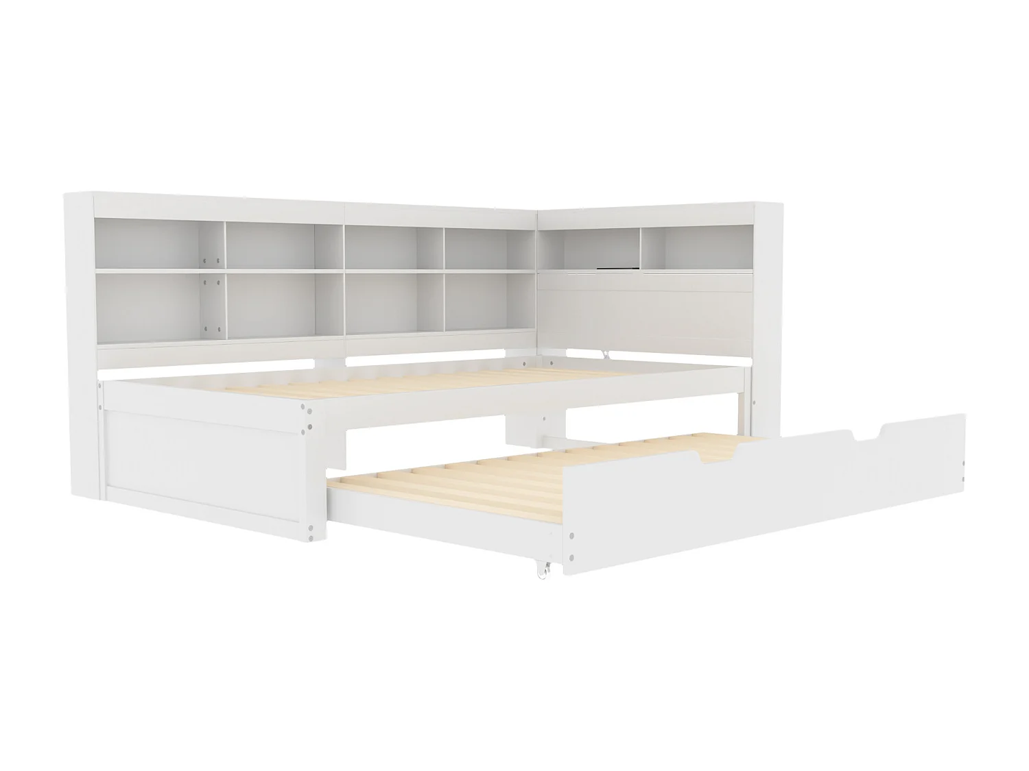 Witte slaapbank 90x200cm met uitschuifbed 90x190cm, met USB-aansluiting en meerdere opbergruimtes, zonder matras